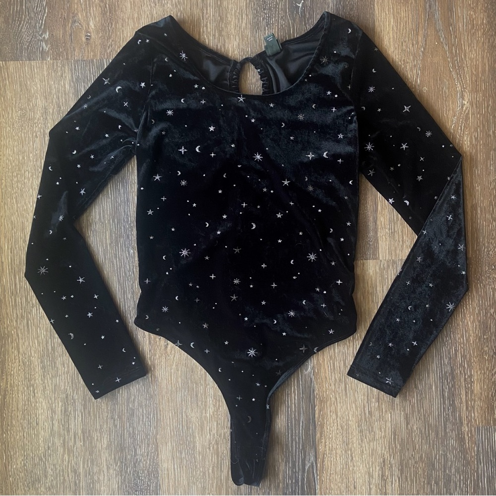 Black Wild Fable star-embroidered velvet backless bodysuit